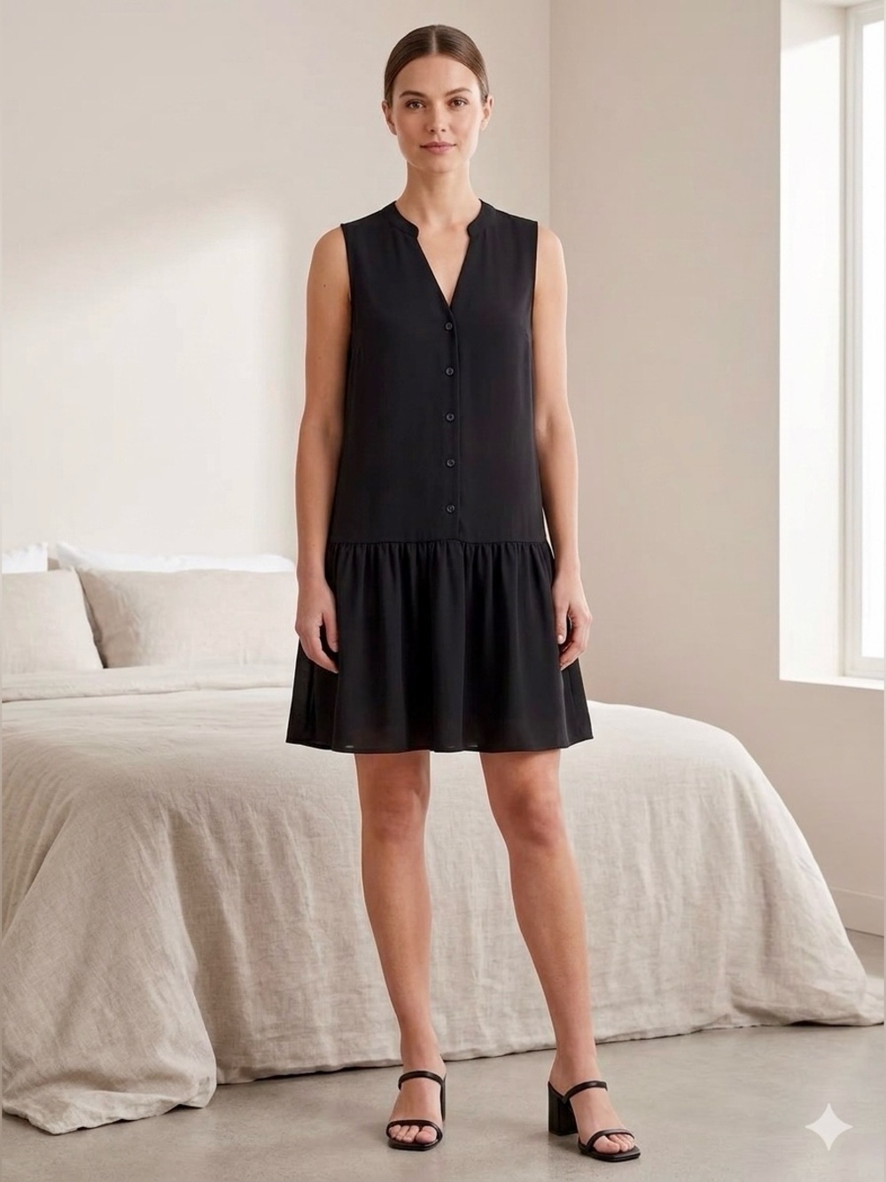 Nine West Black Sleeveless Button-Down Drop Waist Ruffle Dress Medium